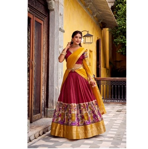 Poly Chanderi Zari Stripe Kalamkari Impreso Lehenga Choli con trabajo de tejido Zari Disponible en cantidad a granel Seda Lehenga Choli - Product Image 1