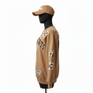 Women Pullover Sweatshirt Premium <b>Brushed</b> Cotton Fleece Relaxed Fit Earth Tone Chenille Patch Logo Women breathable Sweatshirts - Product Image 3