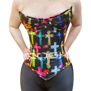 Corsé de satén negro con estampado de cruces multicolor - Product Image 1