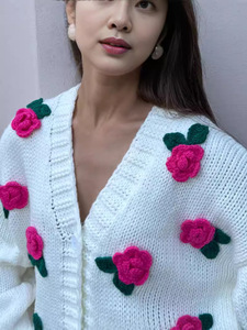 2024 Winter <strong>Ladies</strong> New Three Dimensional Rose Embroidered Top Coat Thick Needle Thick Custom <strong>Crochet</strong> Women's Sweater <strong>Cardigan</strong> - Product Image 3