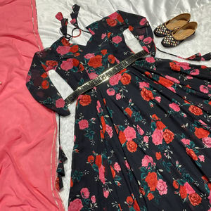 Vestido Anarkali Moderno de Manga Larga en Georgette Sintética Estampada Ligera de Secado Rápido para Fiestas de Verano/Invierno y Ocasiones Tradicionales - Product Image 1