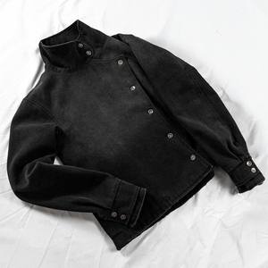 Veste en jean noire pour homme, col montant, simple boutonnage, style workwear, coupe courte, coupe droite, pour l'automne - Product Image 3