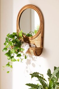 Espejo Redondo de Pared de Ratán con Estante de Cesta, Estilo Bohemio, Acabado Natural Hecho a Mano, Decoración para Hogar, Oficina, Baño - Product Image 1