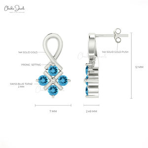 Boucles d'oreilles en or véritable 14 carats faites à la main pour topaze bleue suisse Boucles d'oreilles en pierres précieuses de 2mm de coupe ronde Cadeau de mariage de style mignon pour femme - Product Image 2