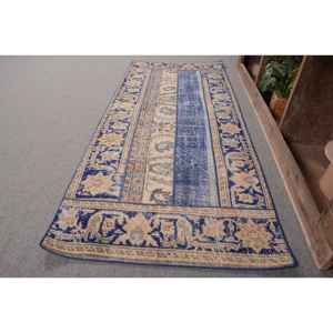 Blue Beige Vintage Turkish Wool <b>Rug</b> 26 X 62ft Handmade Boho Patchwork Design for <b>Bedroom</b> Rectangular Hallway Latex for Bedside - Product Image 2