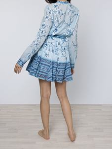 Blue Floral Print Chiffon Shirt Dress with V-<b>Neck</b> <b>Tie</b> Waist Sheer Layer Summer Casual for Women - Product Image 3