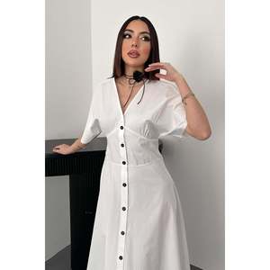 Robe en popeline blanche boutonnée mi-longue - Blanc - Product Image 3