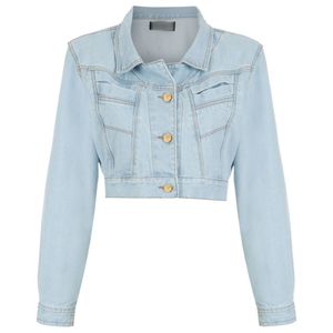 Venta caliente Casual Crop Ripped Chaqueta de mezclilla de manga larga para mujeres Jeans azul claro para el invierno - Product Image 6