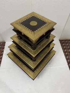 Handmade Handicraft Wooden Half Brass Fitted Inlay Bajot Chowki Set Of 4 For Pooja <b>Unit</b> Wedding Gift Indoor Use Home Decor - Product Image 6