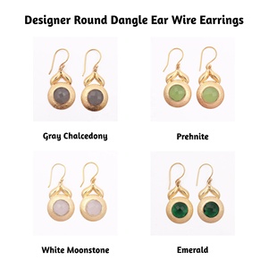 Designer Round Shape Matte Finished Long Hook <b>Earrings</b> with <b>Emerald</b> Gemstone Gold Plated Handmade Fashion <b>Drop</b> Jewelry - Product Image 2