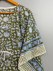 Caftán de algodón verde hecho a mano para mujer, hermosa casa con estampado de hojas, Vestido largo de Playa para fiestas naturales - Product Image 3