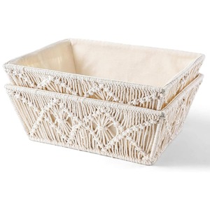Handmade Boho Luxury Macrame Storage <b>Basket</b> Set Woven Cotton Rope <b>Nursery</b> Boxes with Wood Handles for Decor Storage - Product Image 4