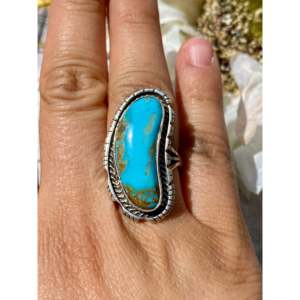 Navajo Handmade <b>Statement</b> <b>Ring</b> Kingman Turquoise & Sterling <b>Silver</b> Size 8.5 Bezel Set with Natural Stone Everyday Wear - Product Image 2