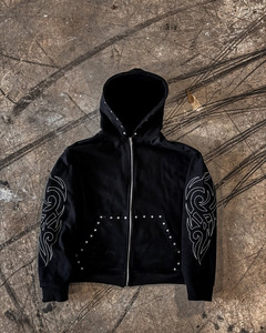 Personalizado de gran tamaño Boxy Fit Zip Up Crystal Rhinestone Sudadera con capucha para los hombres Vintage Wash Sun Faded Heavyweight 400 GSM cremallera Sudadera con capucha - Product Image 5