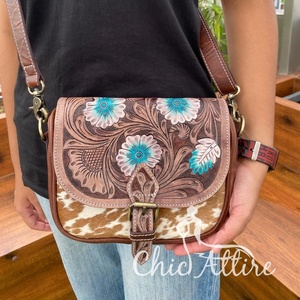 Nouveau Design Hairon & Sac à bandoulière en cuir repoussé à la main Luxe Turquoise Floral Sac à main sculpté en cuir véritable Femmes Western Sac à main - Product Image 1