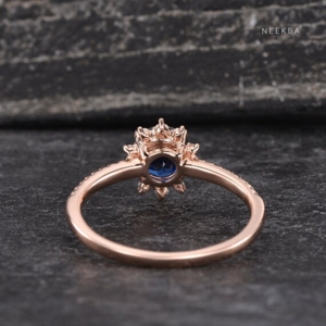 6 mm Round Cut Lab-Grown Blue Sapphire & Moissanite Art Deco Halo Ring Handmade 10K Solid Rose Gold Solitaire Ring - Product Image 4