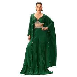 Màu xanh lá cây Ruched blouse với diềm Xếp Nếp Palazzo sharara và dupatta cho bên đám cưới Lễ Hội Indo phương Tây Dịp mặc - Product Image 2