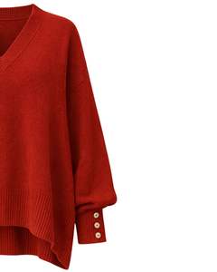 Customized Rust Red <b>Womens</b> Oversized Knit Sweater V Neck Button Cuff Design Soft Winter Pullover Casual Loose Fit Fashion Top - Product Image 2