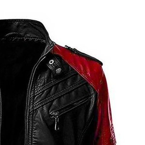 Blouson moto homme en cuir PU rouge et noir à blocs de couleur, col montant, fermeture éclair, coupe ajustée, manches classiques, style automne - Product Image 3