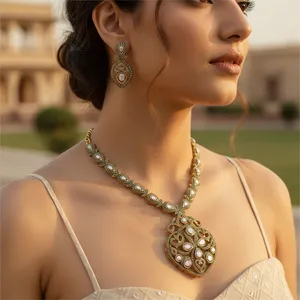 Ensemble de bijoux fins pour femmes, plaqué or, collier et boucles d'oreilles en filigrane pour les fêtes et les mariages, or rose avec diamant et perle - Product Image 3
