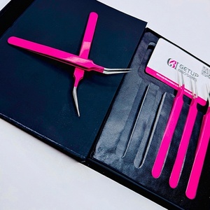Pince à épiler pour cils GETUP BROSONS IMPEX de haute qualité en acier inoxydable, nouvelle isolation, couleurs rose vif, pointe lisse, poignée diamantée - Product Image 4