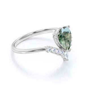 Anillo de Boda Clásico Personalizado de Plata 925 con Ágata Musgosa de Corte Pera de 0.6 Quilates, Certificado, Chapado en Oro Negro y Rodio, para Fiestas - Product Image 3