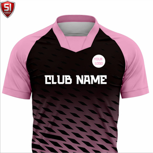เสื้อฟุตบอลสีชมพู-ดำ แบบกำหนดเองสำหรับทีม ชุดยูนิฟอร์มแขนสั้น คอวี พิมพ์ลาย ผลิตจากโพลีเอสเตอร์ 100% ชุดกีฬาสำหรับทุกฤดูกาล - Product Image 4