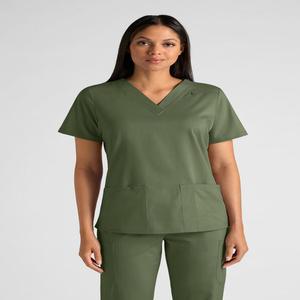 Top médico verde oliva para mujer con cuello en V mangas cortas y dos bolsillos delanteros - Product Image 1