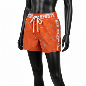 Pantalones Cortos de Natación de Lujo de Nailon 180GSM con Pedrería Naranja Hotfix, Cintura Jacquard Personalizada y Paneles Laterales con Rayas - Product Image 4