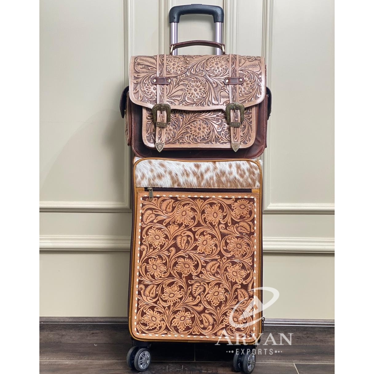 High Quality Hand Tooled Leather Luggage & Briefcase Set Western Floral Trolley Bags with Cowhide Vintage Travel Suitcase Combo