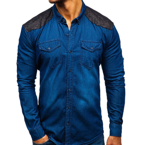 เสื้อเชิ้ตแขนยาวผ้าซาตินสำหรับผู้ชายเสื้อยีนส์ถักระบายอากาศ - Product Image 1