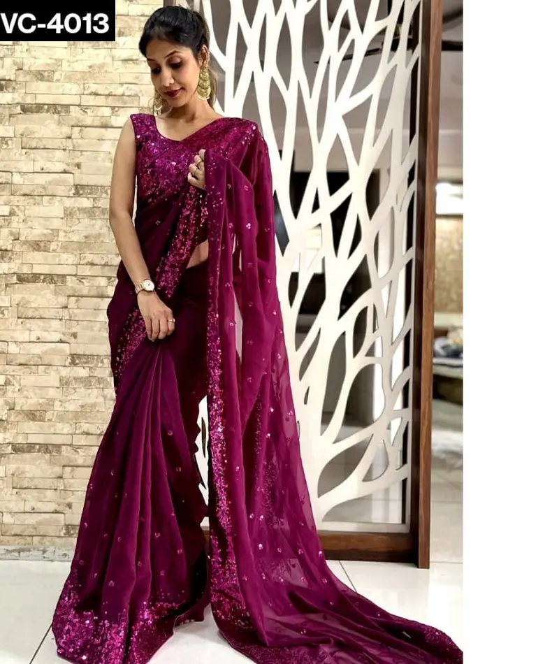 Ấn Độ dân tộc mặc cao cấp georgette với Thêu Sequins làm việc Saree với áo mảnh cho phụ nữ mặc bên mặc Saree phù hợp với