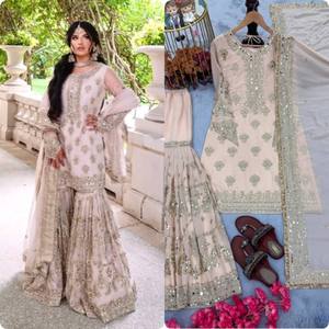 Indian Pakistani Style Exclusive <strong>Designer</strong> Mono Soft <strong>Net</strong> Sequence Embroidery Stone Work Sharara Palazzo <strong>Suit</strong> for Weddings Parties - Product Image 6