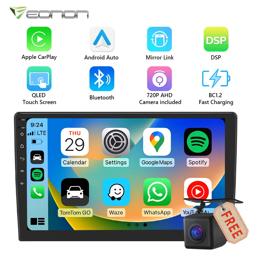 EONON Radio mobil 10.1 inci Android, Radio mobil dengan layar QLED DSP Carplay Android Auto