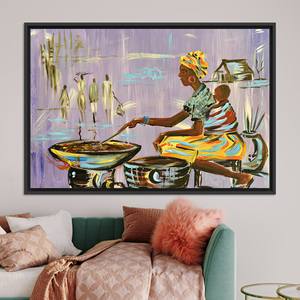 Printed <b>Canvas</b>: African Woman Cooking, Ethnic Home Decor Art,BLACK <b>FRAMED</b> <b>CANVAS</b> - Product Image 1