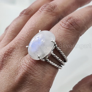 Anillo para mujer Piedra lunar arcoíris natural Piedra preciosa Piedra natal de Junio 3 Banda trenzada Joyería de declaración vintage Anillo de plata esterlina 925 - Product Image 2