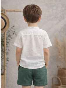 ชุดเสื้อเชิ้ตและกางเกงขาสั้นผ้าลินินสำหรับเด็กผู้ชาย |   ชุดผ้าฝ้ายลินินระบายอากาศสำหรับเด็ก สีเขียวและสีขาว พร้อมชุดเซ็ตมีกระเป๋า - Product Image 2