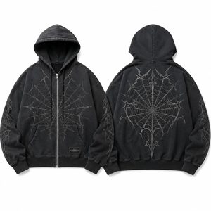 Felpa con Cappuccio <span class=keywords><strong>e</strong></span> Zip Personalizzata con Stampa <span class=keywords><strong>Ragnatela</strong></span> Nera, in Poliestere/Cotone Felpato, Oversize, Stile Streetwear - Product Image 1