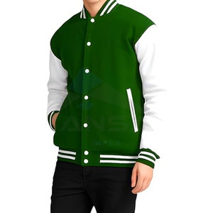 Chaqueta Varsity de Invierno Personalizada para Hombre, Mangas de Cuero, Cuerpo de Mezcla de Lana, Ajuste Ceñido, Cuello y Puños Acanalados, Ligera, Cálida, Verde - Product Image 2