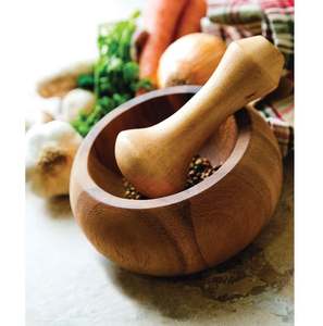 Mortier et pilon en bois marron classique pour restaurant à la maison accessoires de cuisine outils pour herbes et épices broyeur de médicaments en granit - Product Image 4