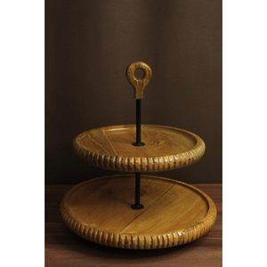 Bandeja de servicio de madera redonda rústica de 2 niveles con mango de metal resistente para cocina, fiestas, exhibición de postres y centro de mesa - Product Image 5