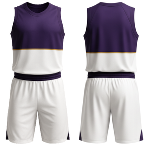 Ensemble de maillot de basket-ball à blocs de couleurs violet et blanc à succès avec accent doré - Maillot et short en mesh à séchage rapide - Product Image 3
