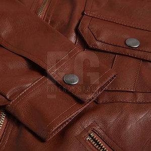 Chaqueta de Motociclista de Cuero Genuino Marrón para Hombre, con Cuello Alto, Cierre de Cremallera y Epaulettes - Product Image 6