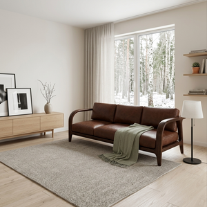 Brown Faux Leather Three Seat Sofa with Padded Arms Foam Filling Modern Design Solid <b>Oak</b> <b>Frame</b> for Living Room - Product Image 4
