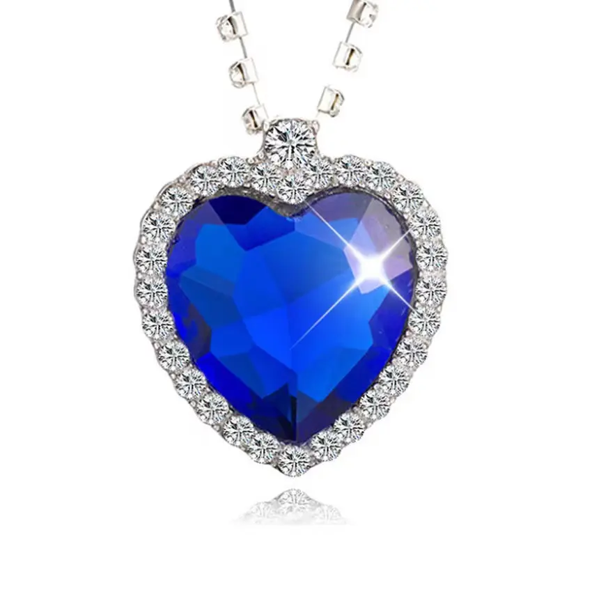 2023 Blue Ocean Rhinestone Lady Charm Cadena de plata colgante de acero inoxidable damas piedras preciosas titánico collar corazón joyería