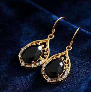 Boucles d'oreilles en onyx noir de 10 grammes |   Onyx noir poire 10x14 |   Chute de 4,5 pouces |   Bijoux en argent sterling 925 plaqué or 18 carats, fin - Product Image 6