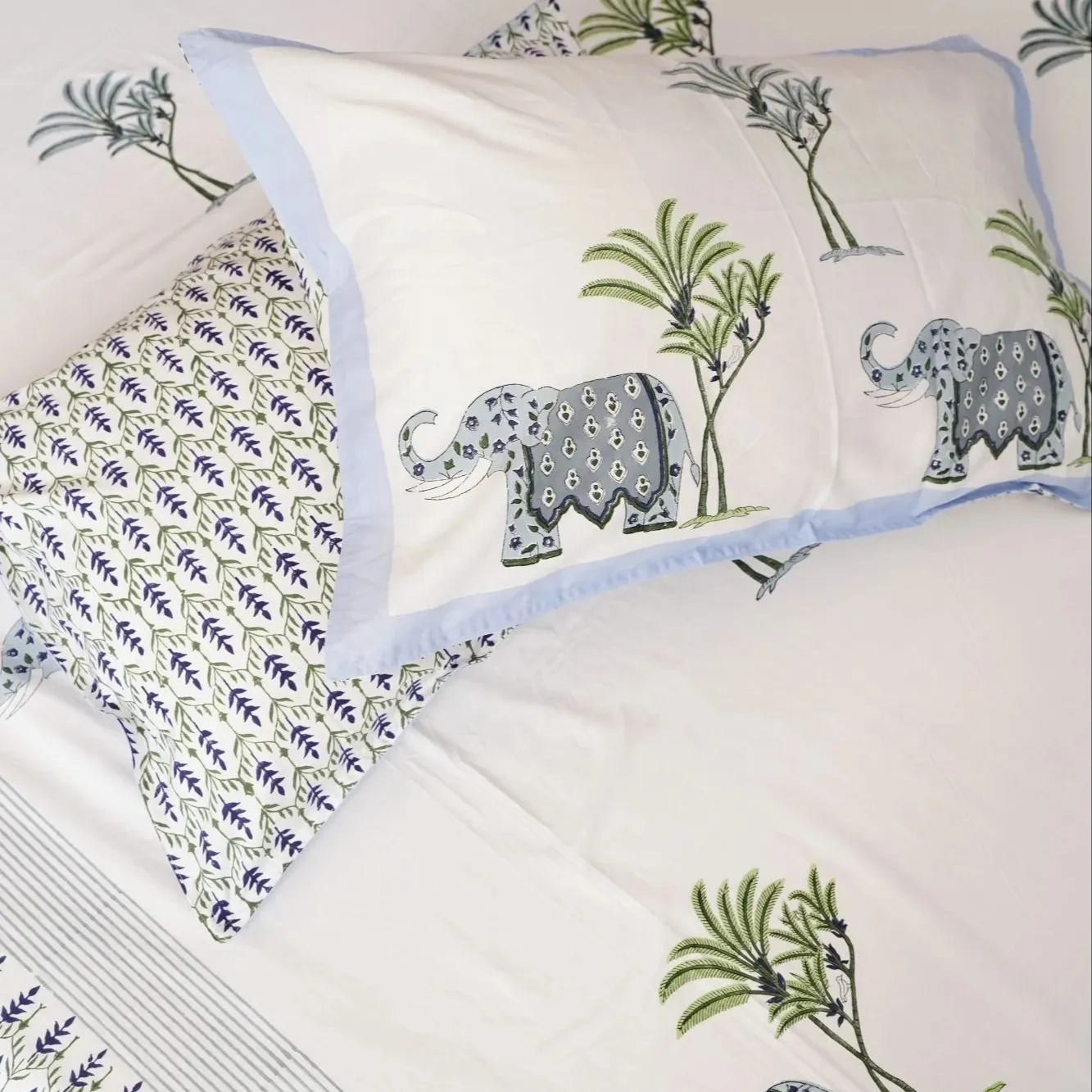 Desain gajah India seprai katun dengan 2 sarung bantal sprei cetak blok tangan untuk dekorasi rumah