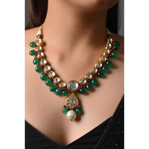 Kundan <b>Necklace</b> with Emerald Color Stone Beading <b>Gold</b> Plated Fine Jewelry Set Featuring Copper Diamond <b>Pearl</b> Zircon for Gift - Product Image 5
