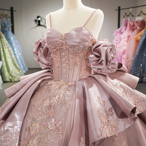 Vestido de Quinceañera de Lujo Dy6956 en Chifón Rosa con Brillo, Vestido de Gala Abullonado con Escote Corazón, Sin Mangas, Bordado, para Fiesta de Promoción o Boda - Product Image 4