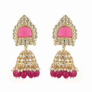 Fabricant de boucles d'oreilles Jhumki en pierre Indo Western Rani avec placage à l'or 108989 grossistes en Inde - Product Image 1